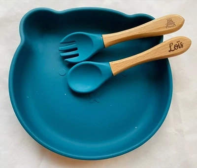 Les Petits Citrons - lėkštutės ir įrankių komplektas - Bear-shaped meal set + cutlery for children - Blue