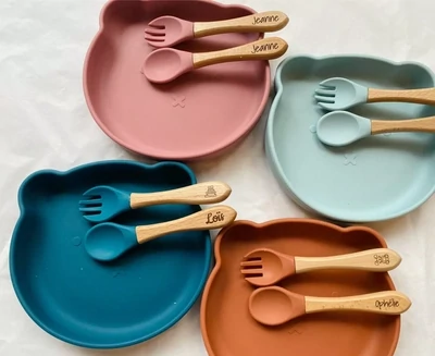 Les Petits Citrons - lėkštutės ir įrankių komplektas - Bear-shaped meal set + cutlery for children - caramel