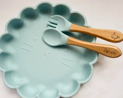 Les Petits Citrons - lėkštutės ir įrankių komplektas - Meal set + cutlery for children - Blue ciel