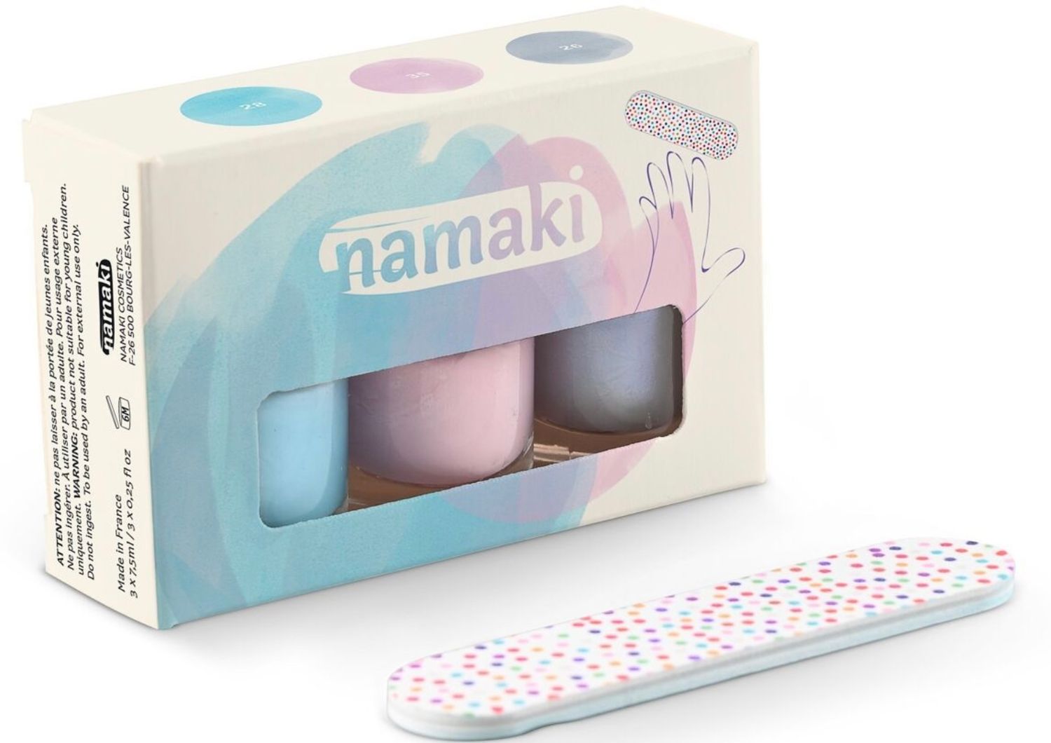 Namaki cosmetics - Box of 3 &quot;Frosted sweetness&quot; nail polishes Frosted blue (28) - Pale pink (35) - Bluish silver (26)