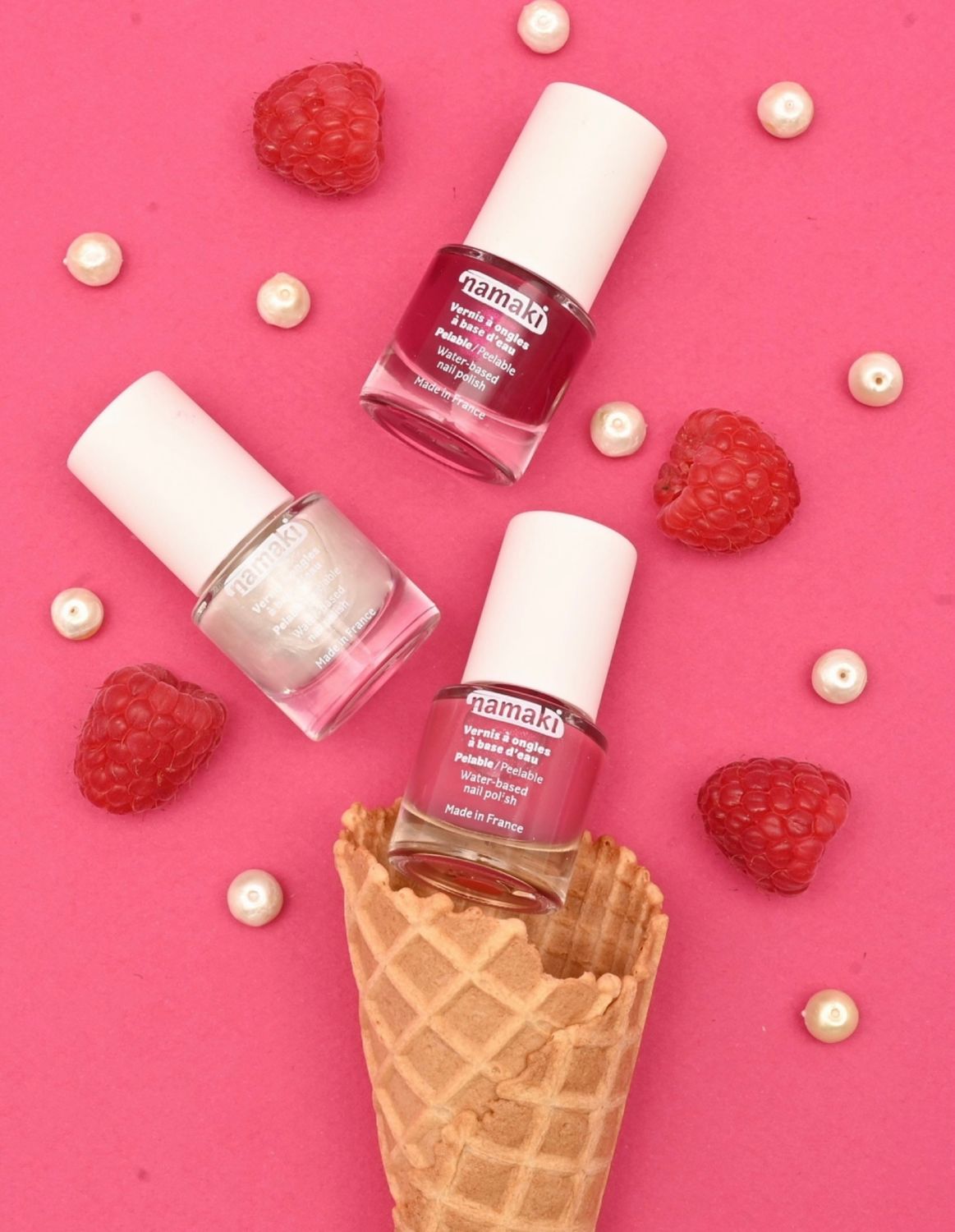 Namaki cosmetics - Box of 3 &quot;Fruit sorbets&quot; varnishes Raspberry(23) – Fuchsia(32) – Pearly white(25)