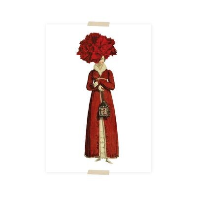 Postkarte - rote Dame mit Nelke auf dem Kopf