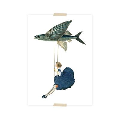 Postkarte - kleine Dame, die an einem fliegenden Fisch hängt
