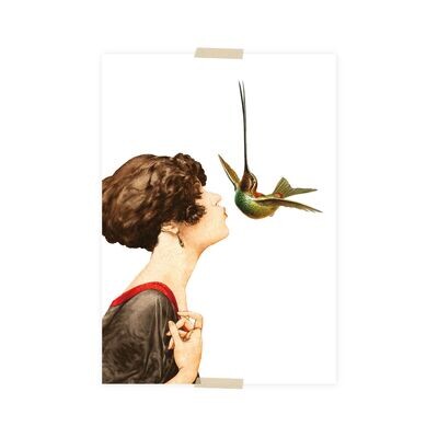Postkarte - kleine Dame küsst Kolibri