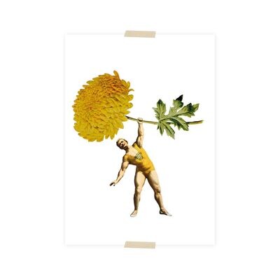 Postkarte - starker Mann mit gelber Chrysantheme