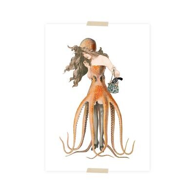 Postkarte - kleine Dame mit Tintenfischkleid