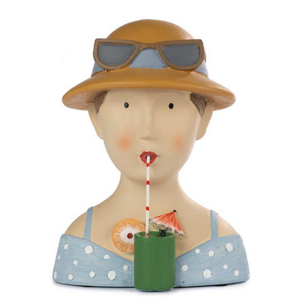 Ladykopf mit Sommerhut und Strohhalm Ladykopf mit Sommerhut und Strohhalm