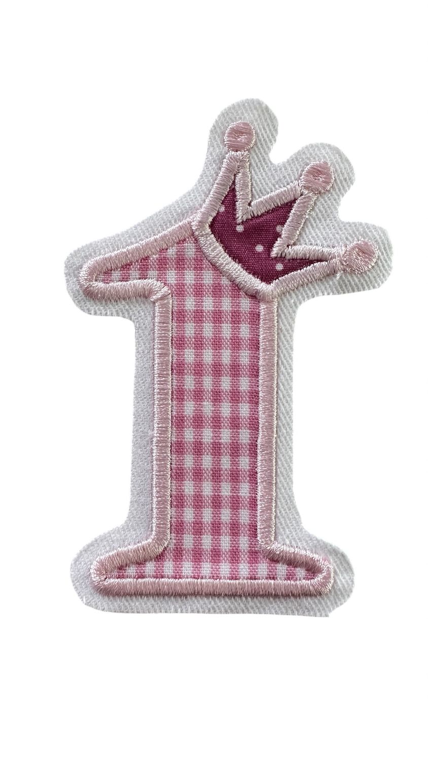 Bügelbild - Zahl 1  in Farbe Rosa für ein Geburtstagsshirt - gestickt auf weißem Baumwollcanvas