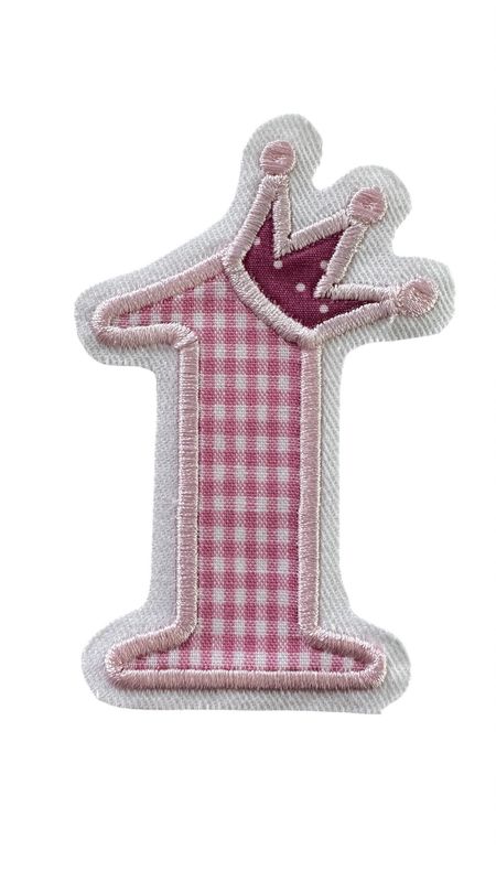 Bügelbild - Zahl 1  in Farbe Rosa für ein Geburtstagsshirt - gestickt auf weißem Baumwollcanvas