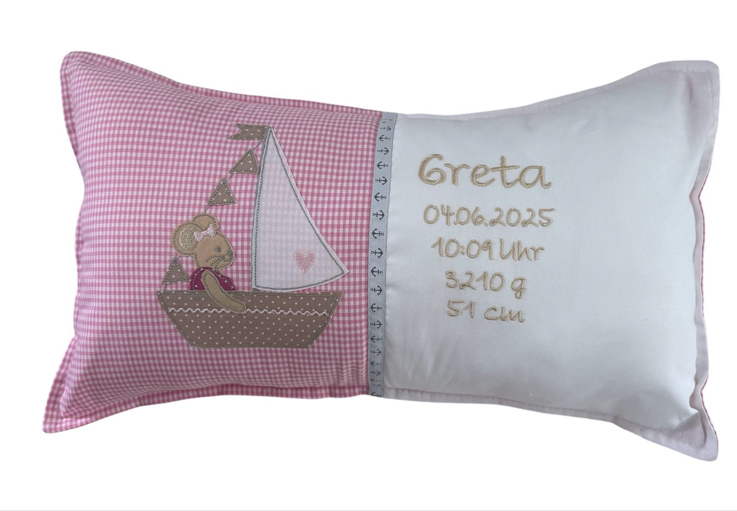 Geburtskissen 30cm x 50 cm Mausmädchen im Boot