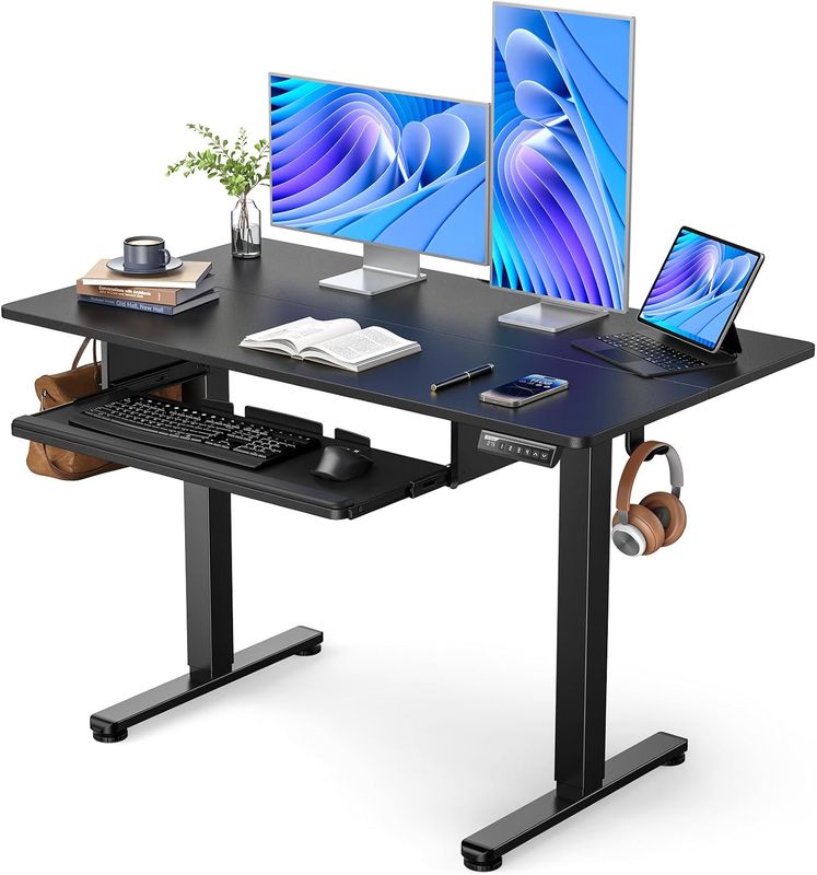 Adjustable Standing Desk, 55&#39;&#39; x 28&#39;&#39; Electric Height adjustable desk, Ergonomic Home Office Stand up Desk with Wheels, Outlets and Splice Board,2 USB Ports,3 Power Outlets,4 Caster(Brown Arc)