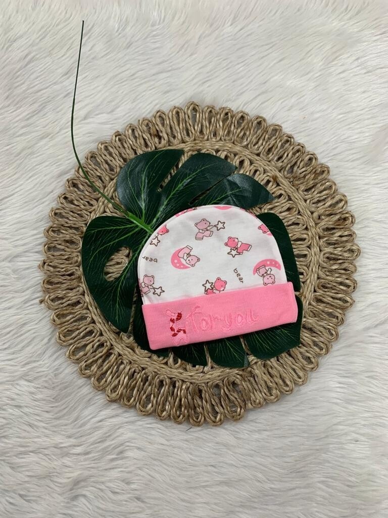 Babyhug 100% Cotton Organic Woollen  Caps With Mittens Bear Print - Pink main image 1
