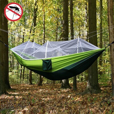 Camping Hammock with Mosquito Net Double Hammock Outdoor Ultra Light Portable Breathable Anti-Mosquito Parachute Nylon with Carabiners and Tree Straps 2 person Camping Hiking Hunting Army Green