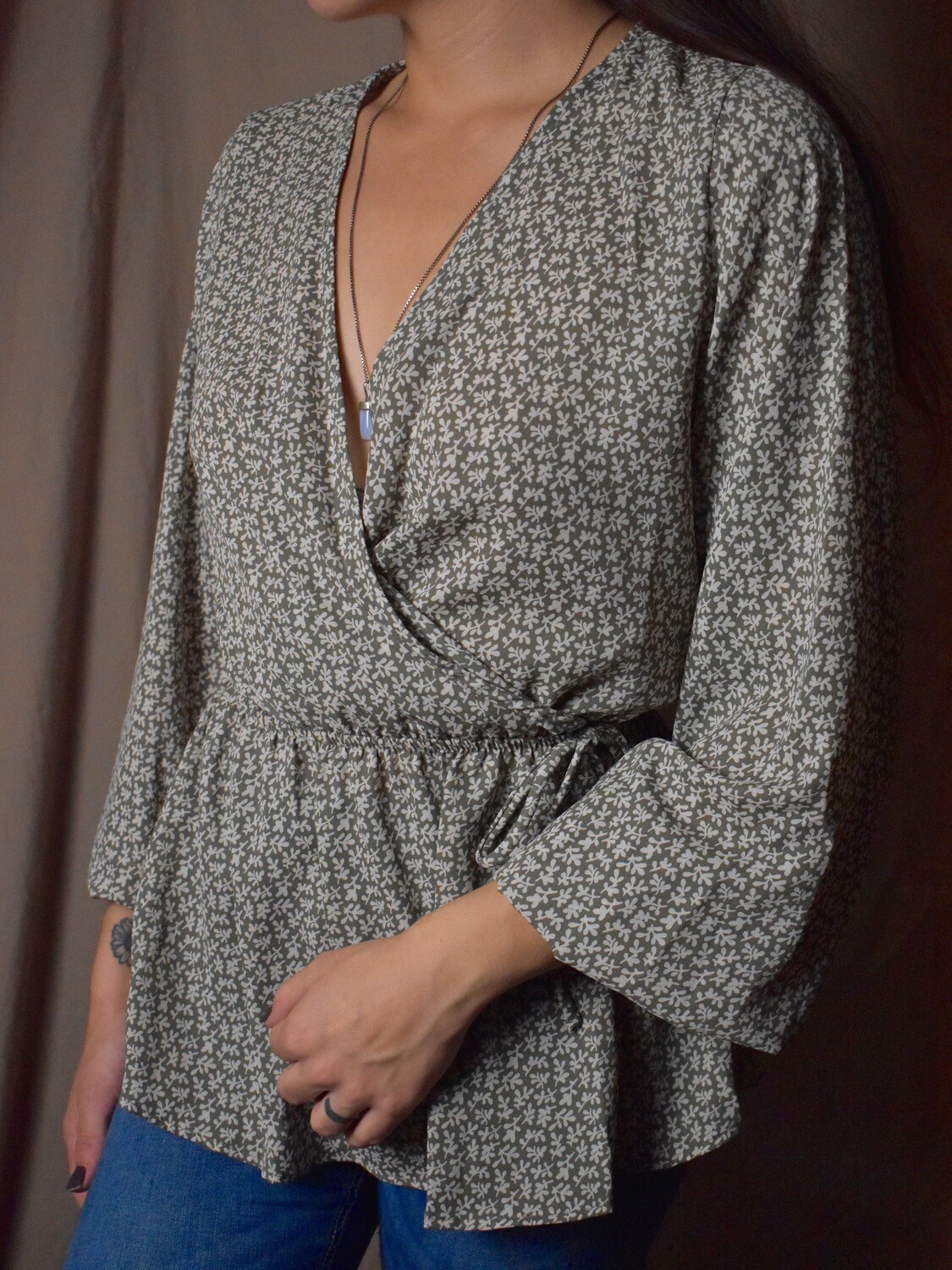 Surplice Wrap Blouse with Plunge Neckline, Floral Print
