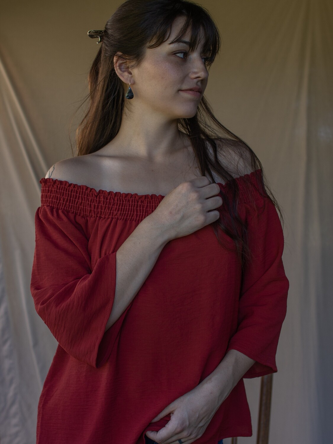 Romantic Smocking Blouse with Off Shoulder Neckline