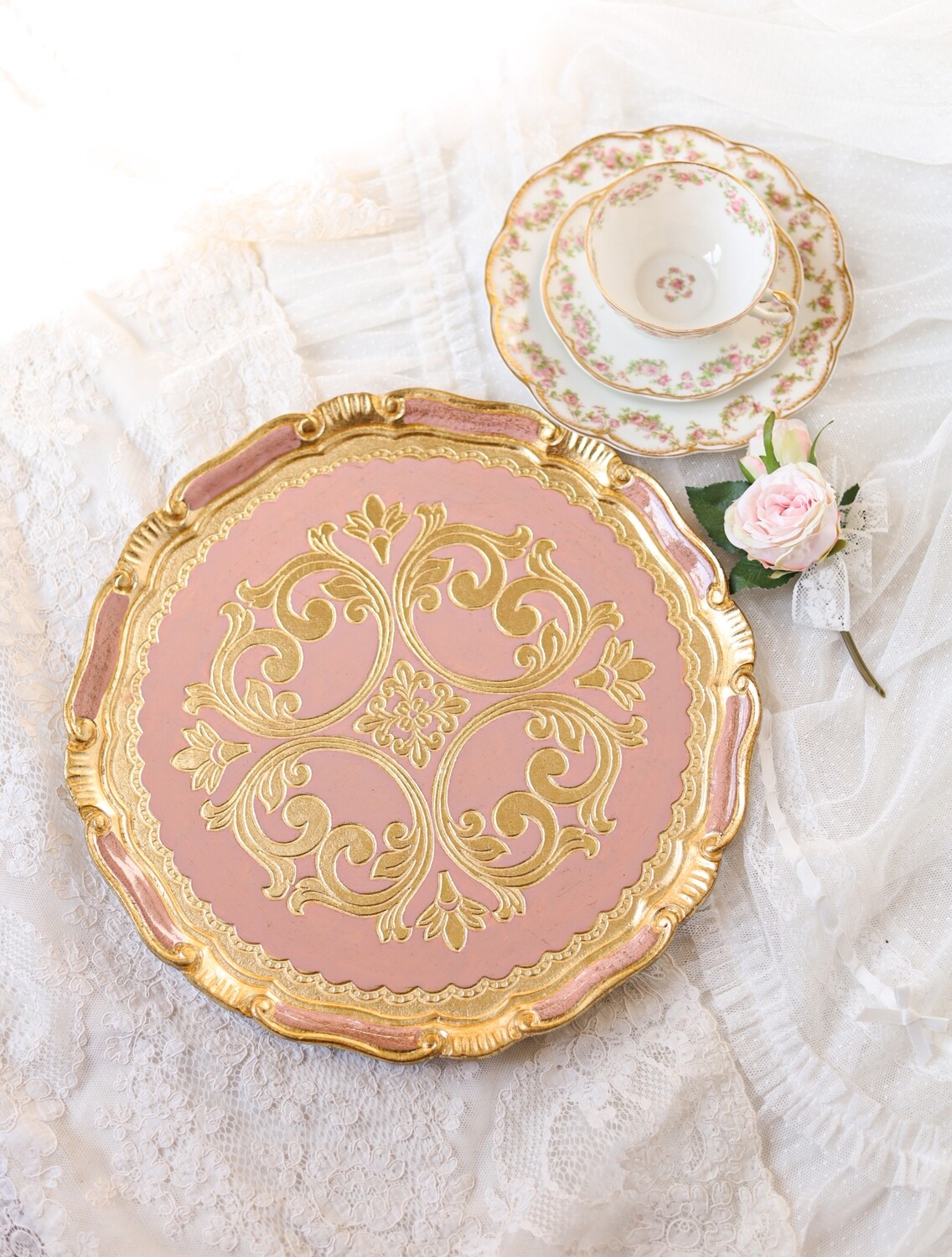 Florentine tray round gold 33cm baroque rococo decorative wooden tray tea boar