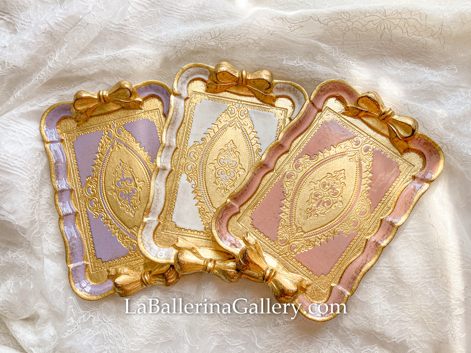 Made to order Florentine tray small rectangle bow ribbon gold