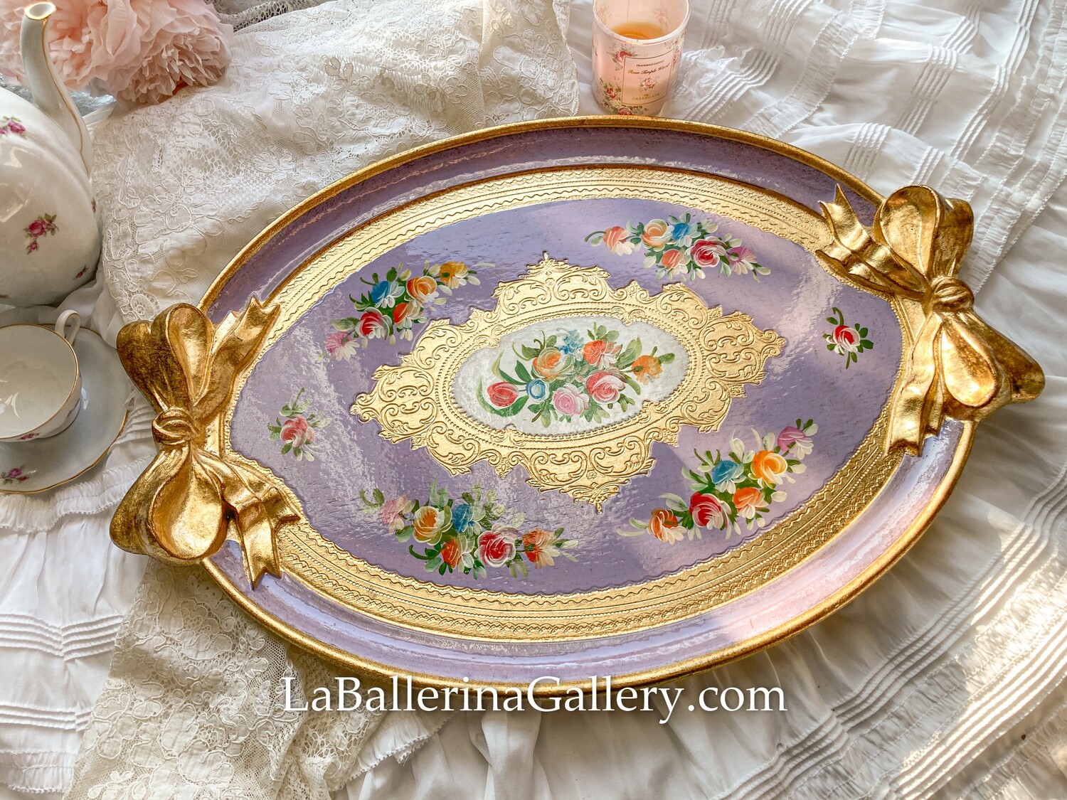 Florentine tray large oval bow rose lilac