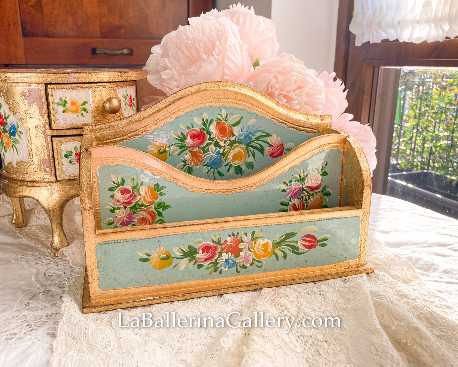 Florentine wooden rose letter paper holder blue