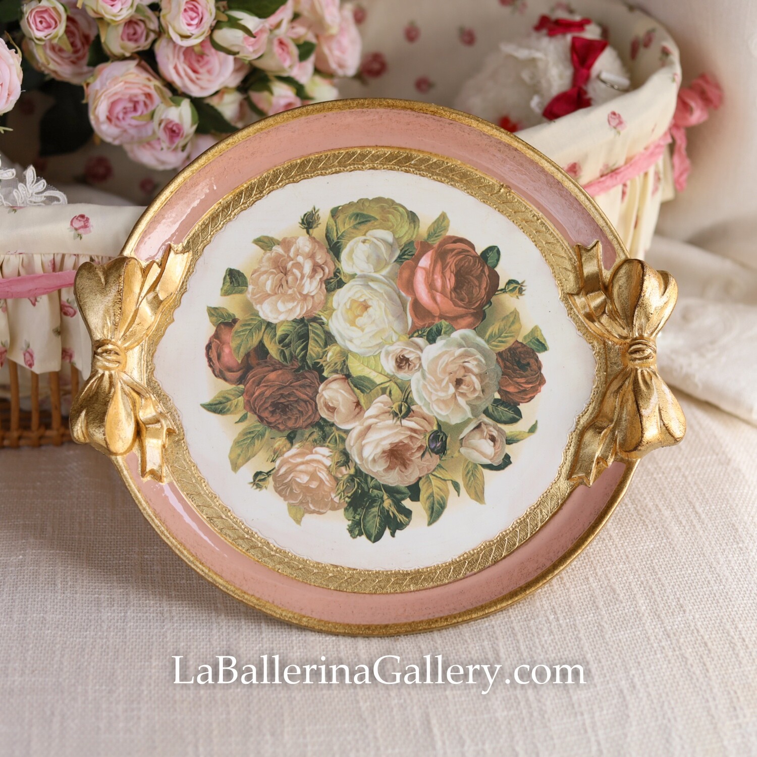 Made to order Florentine tray round bow ribbon rose boutique print gold wood baroque rococo decorative tray tea board
