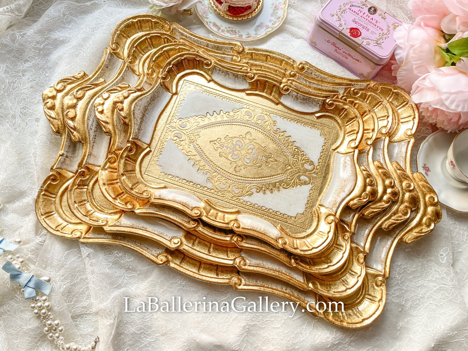 Made to order Florentine tray rectangle holder tea board decorative wooden tray gold