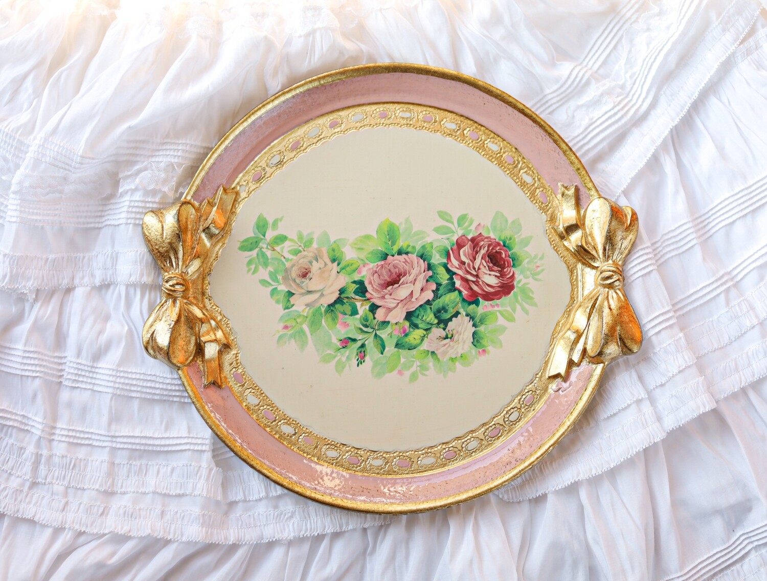Made to order Florentine tray round rose print bow ribbon