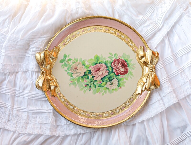 Made to order Florentine tray round rose print bow ribbon