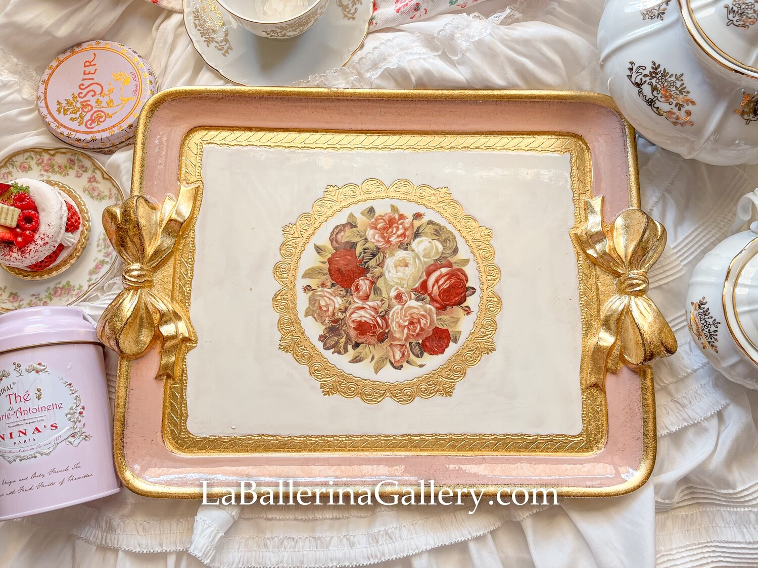 Made to order Florentine tray rectangle bow rose boutique print gold wood tea board decorative tray