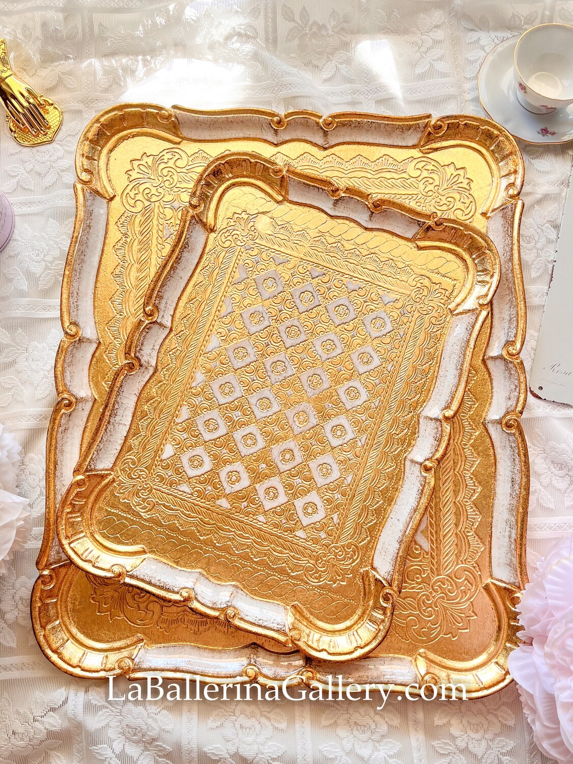 Made to order Florentine tray rectangle lattice gold wood baroque rococo
