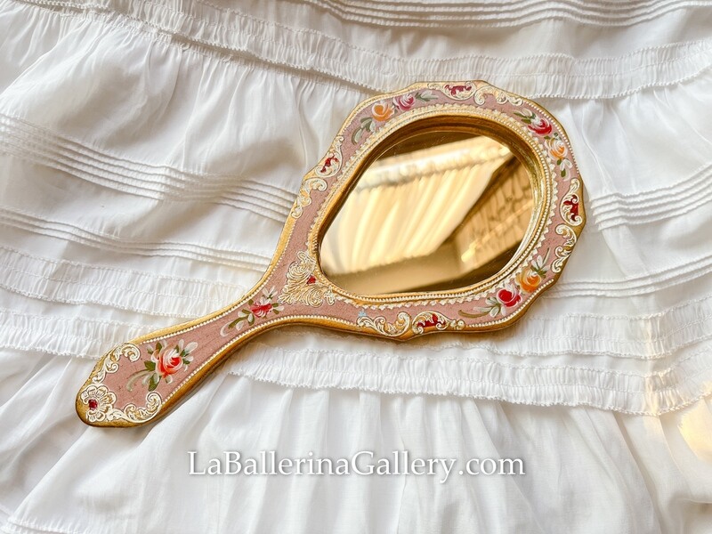 Italian Florentine wooden hand mirror handpainted rose wood gold ...