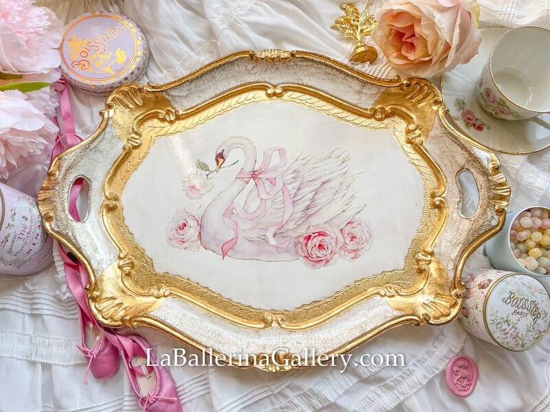 Made to order Florentine tray baroque octagon swan rose ribbon lace rococo tray original design