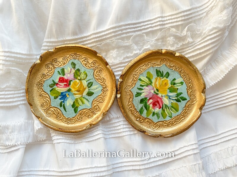 Florentine coaster round rose 10cm baroque rococo hand painted