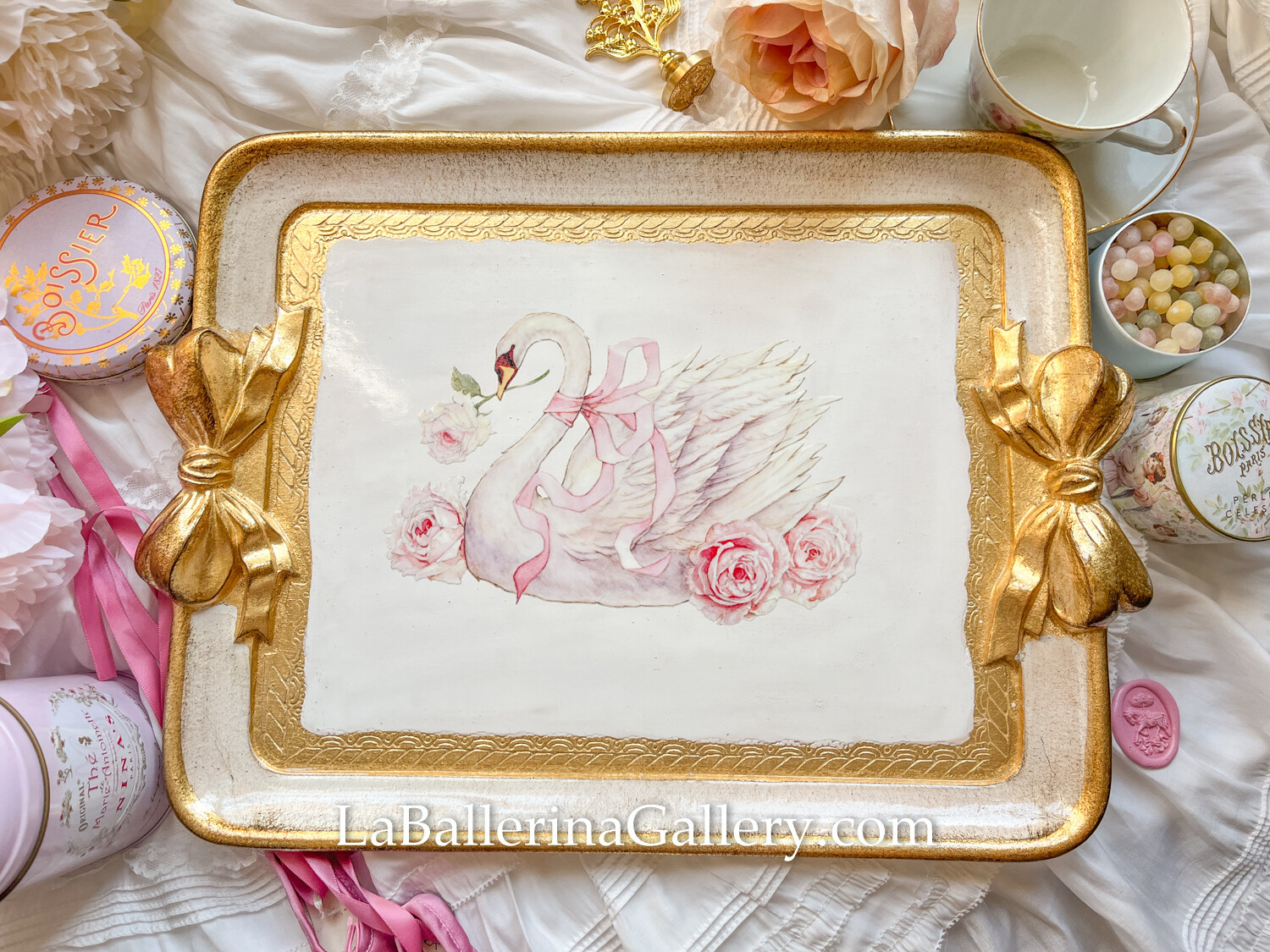 Made to order Florentine tray baroque rectangle swan rose ribbon lace rococo tray original design