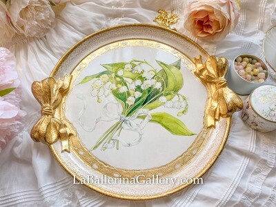 Florentine tray baroque oval bow bouquet Lily of the Valley ribbon lace rococo tray original design