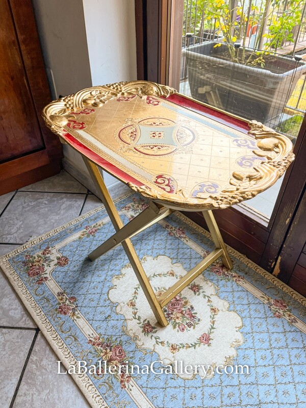 Florentine wooden coffee table tea service  large tray red relief fruit baroque rococo