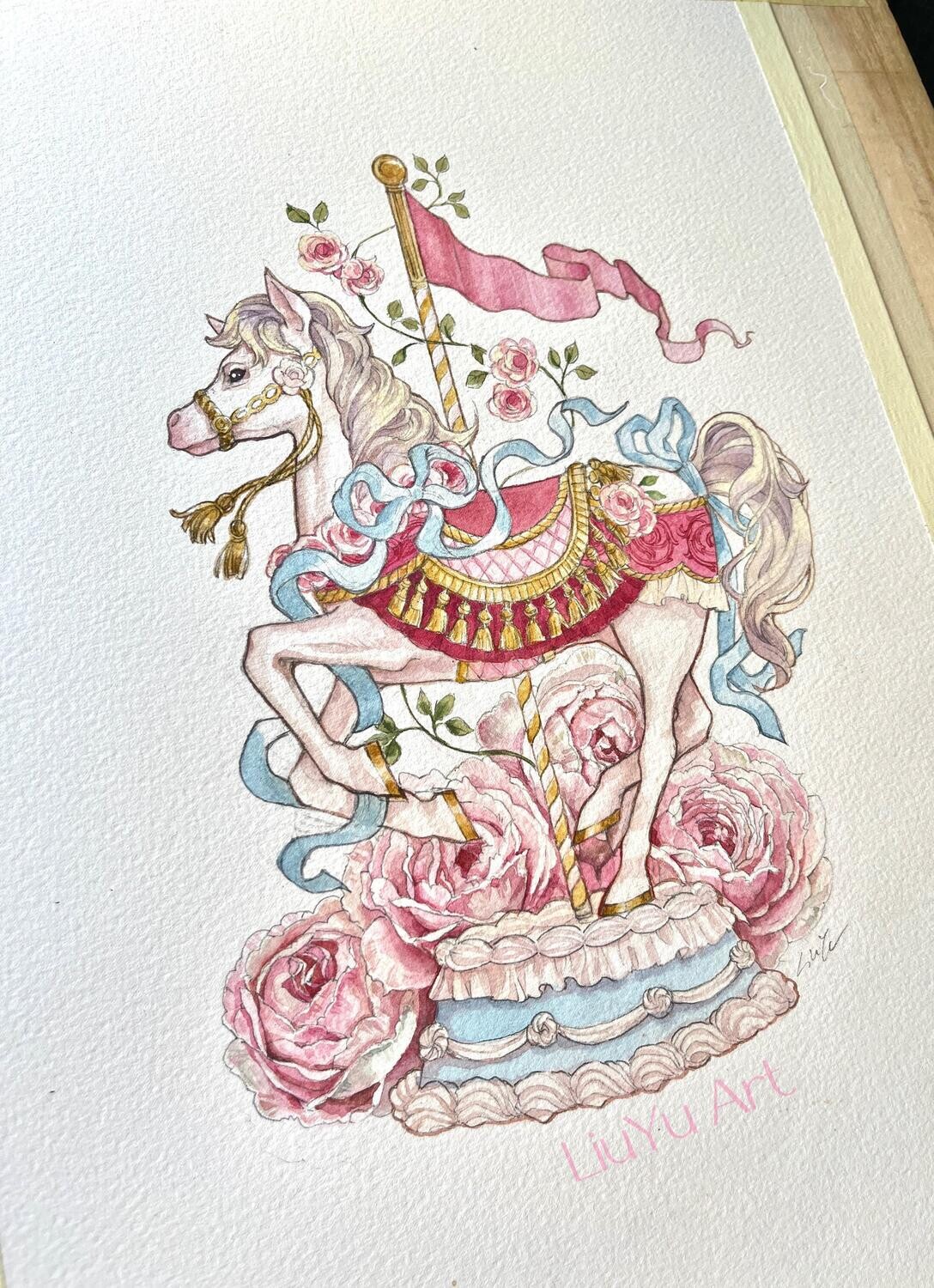 Original painting Little Carousel by Artist Liu Yu 36x26cm watercolor on paper art collection wall decoration