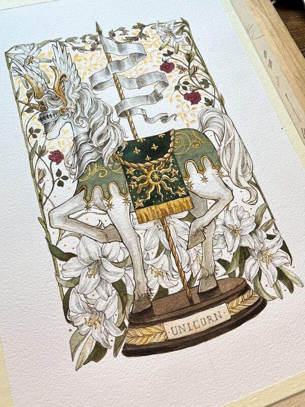 Original painting Unicorn knight by Artist Liu Yu 36x26cm watercolor on paper art collection wall decoration