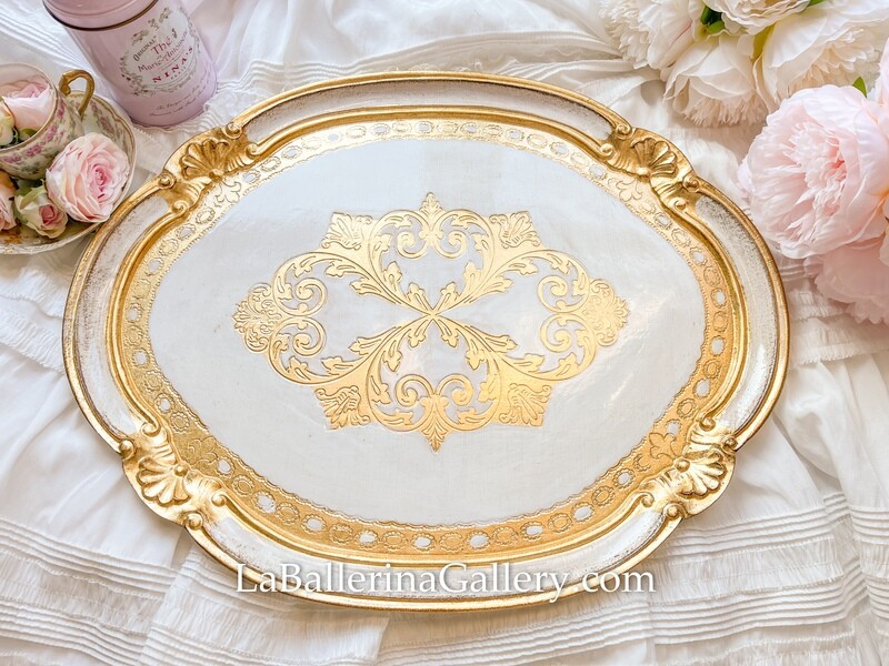 Florentine tray large oval gold white shabby chic baroque rococo wooden decorative tray tea board