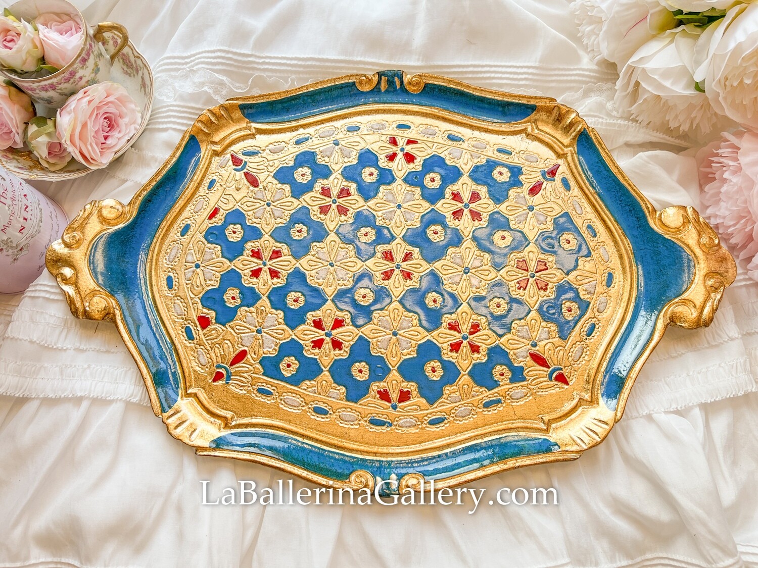 Florentine tray oval gold royal blue lattice holder shabby chic baroque rococo wooden decorative tray tea board