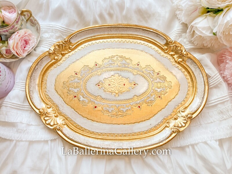 Florentine tray oval gold white shabby chic baroque rococo wooden decorative tray tea board