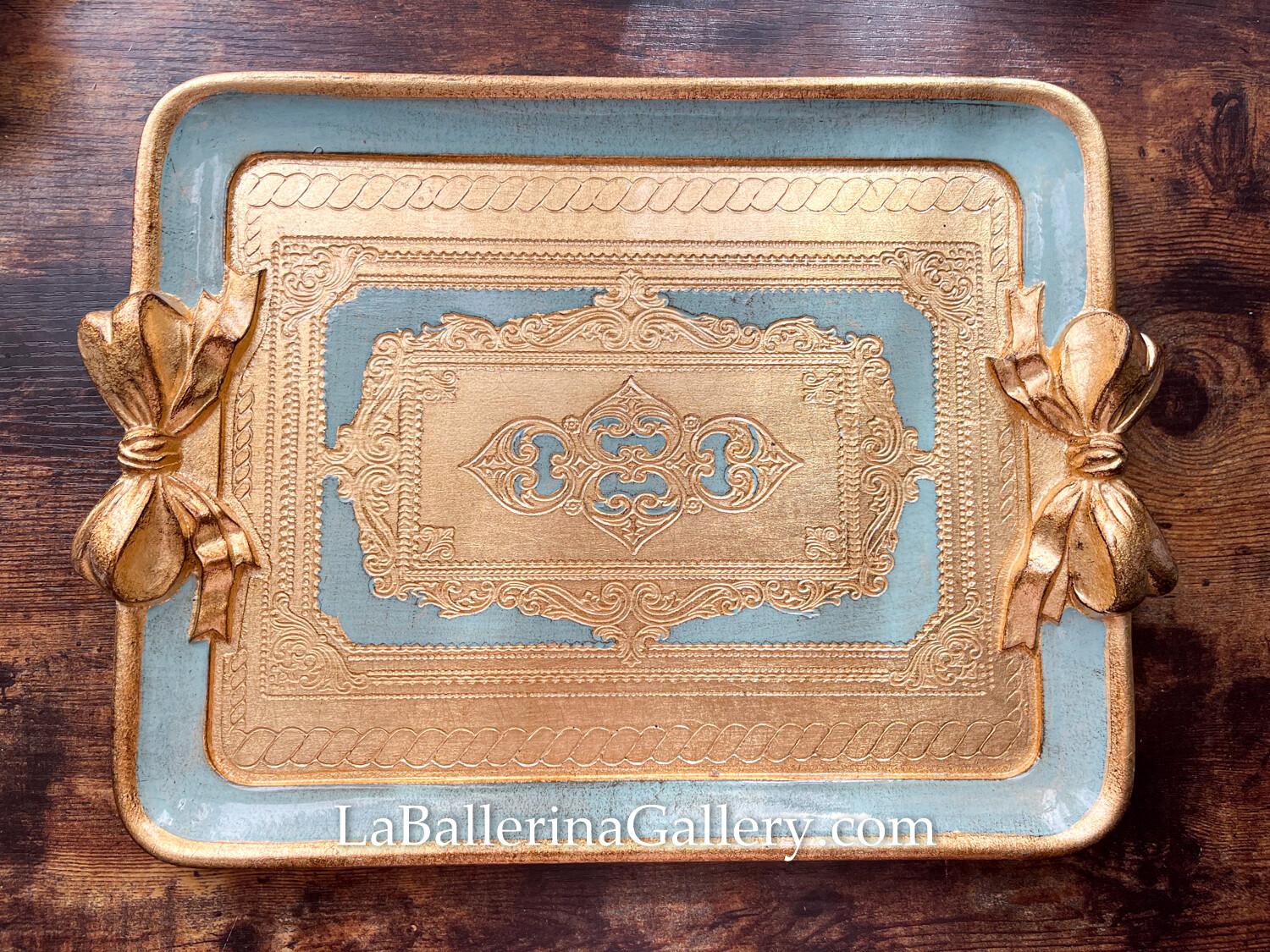 Florentine tray gold blue bow ribbon rectangle holder shabby chic baroque rococo wooden decorative tray tea board