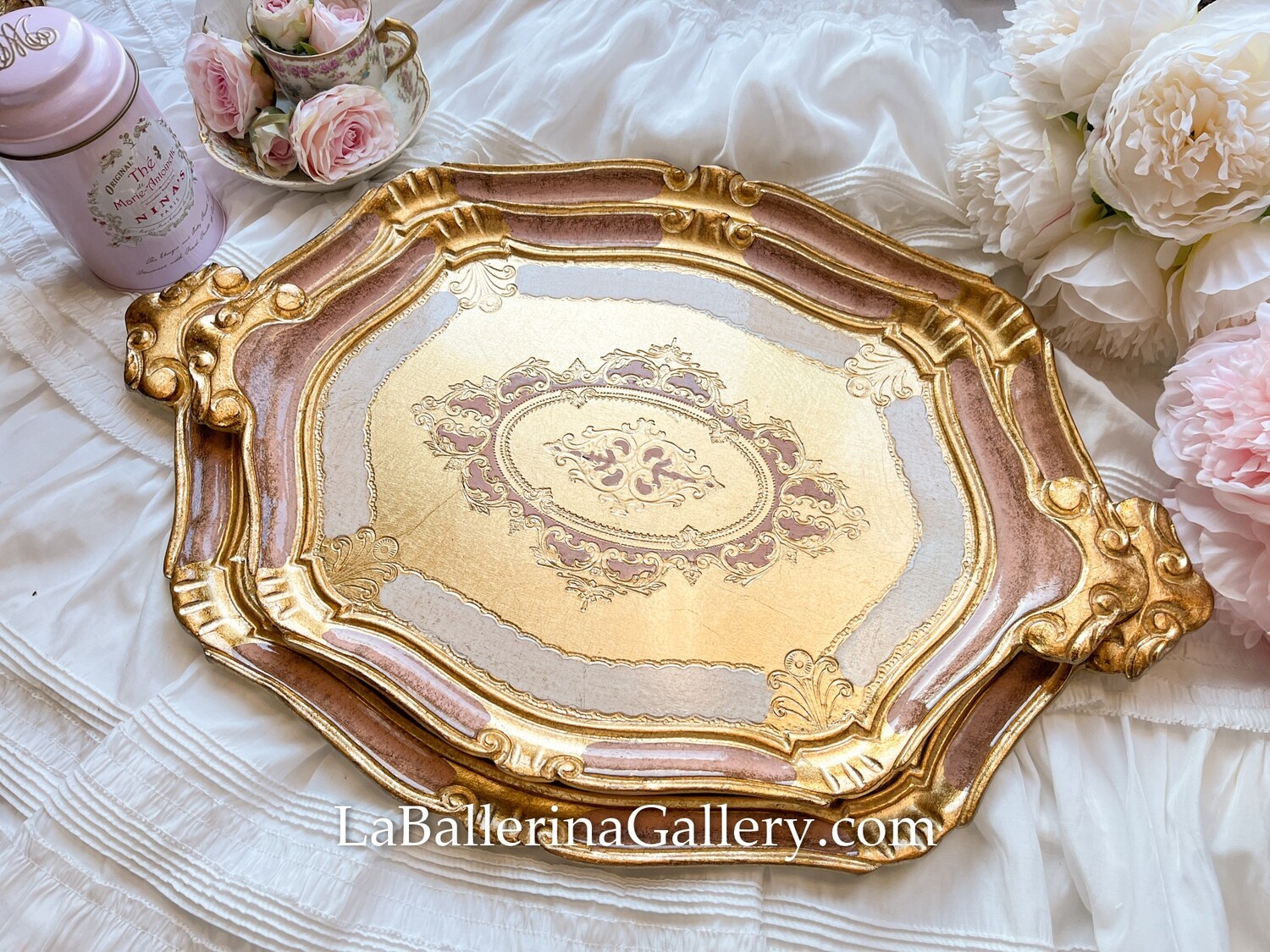 Florentine tray oval gold pink holder shabby chic baroque rococo wooden decorative tray tea board