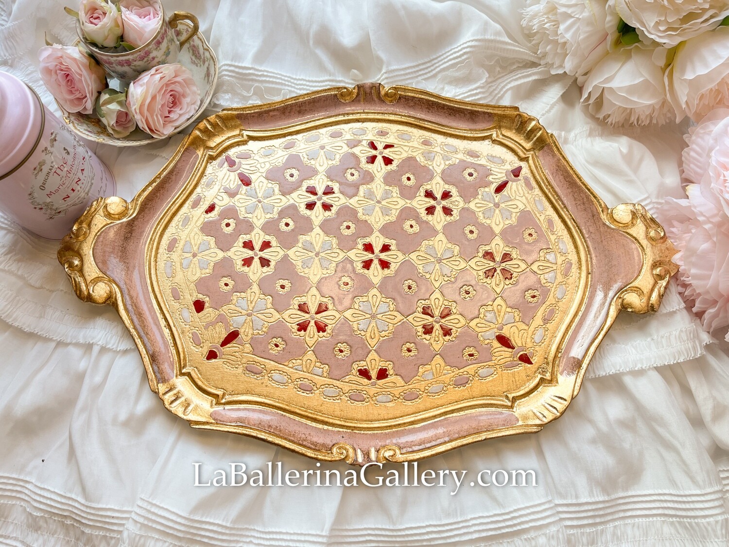 Florentine tray oval gold pink lattice holder shabby chic baroque rococo wooden decorative tray tea board