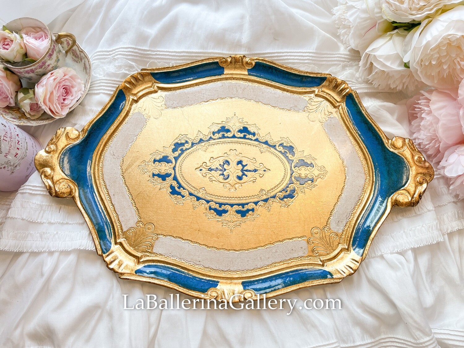 Florentine tray oval gold blue holder shabby chic baroque rococo wooden decorative tray tea board
