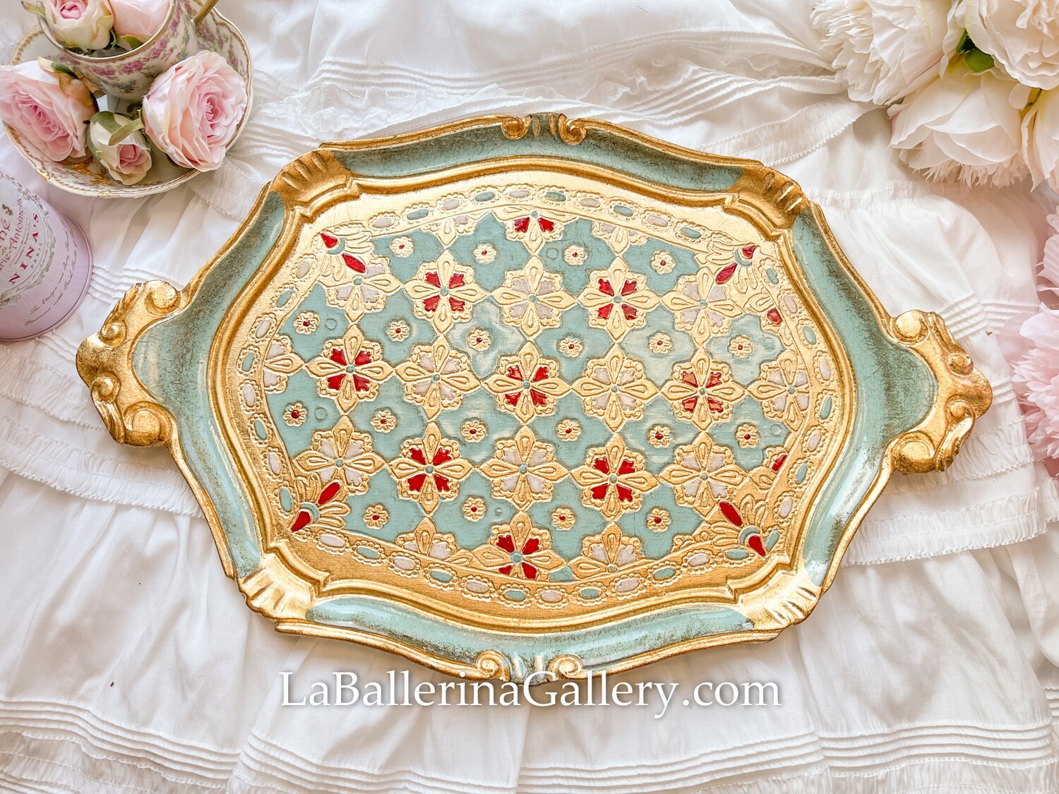 Florentine tray oval gold blue lattice holder shabby chic baroque rococo wooden decorative tray tea board