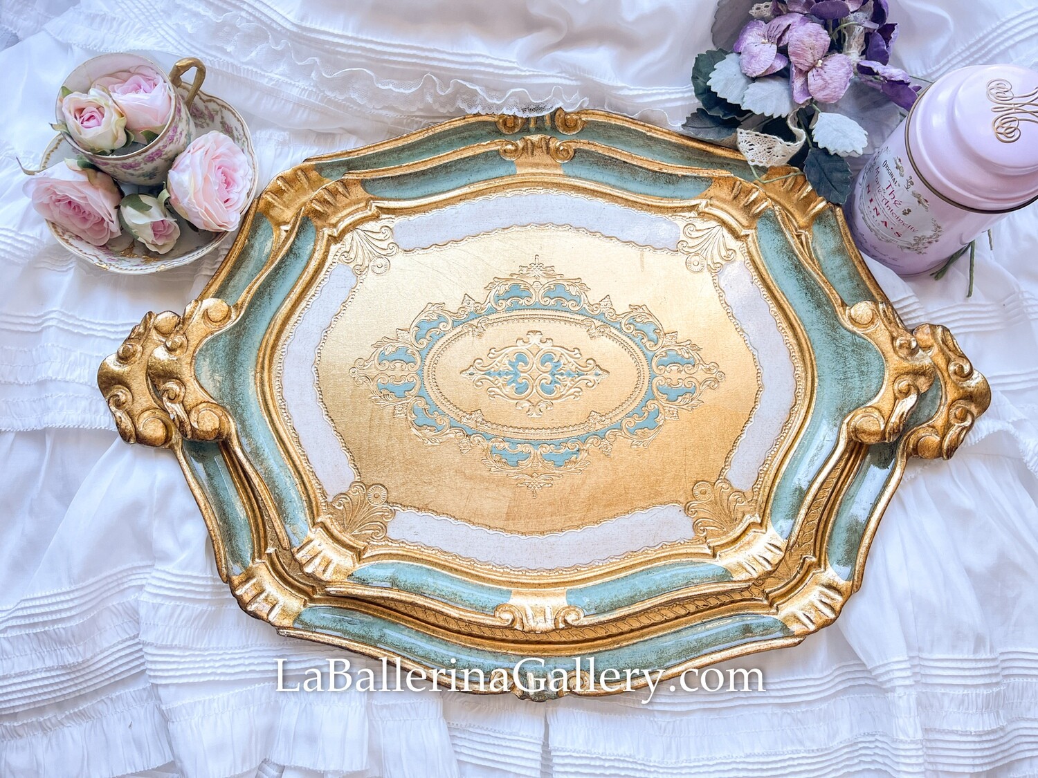 Florentine tray oval gold blue holder shabby chic baroque rococo wooden decorative tray tea board