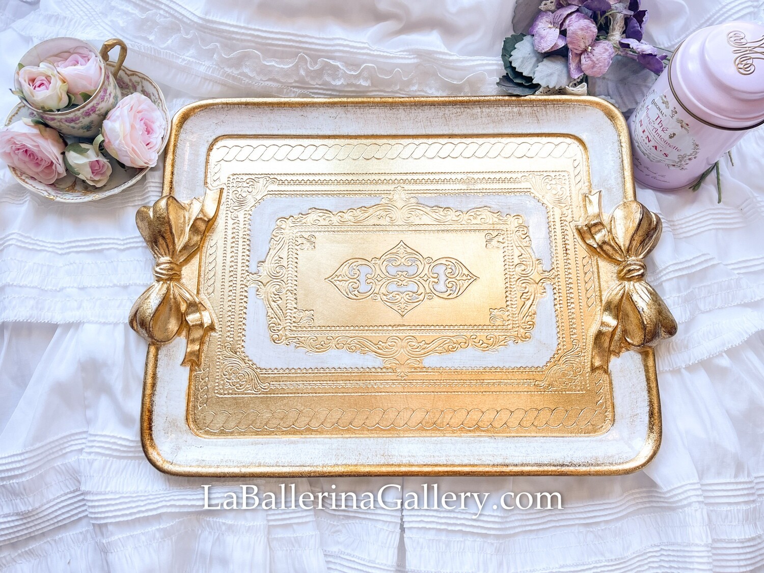 Florentine tray gold white bow ribbon rectangle holder shabby chic baroque rococo wooden decorative tray tea board