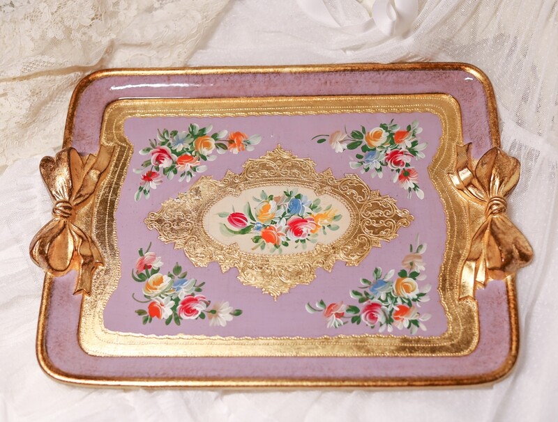 Made to order Florentine tray gold rose bow ribbon rectangle holder shabby chic baroque rococo wooden decorative tray tea board