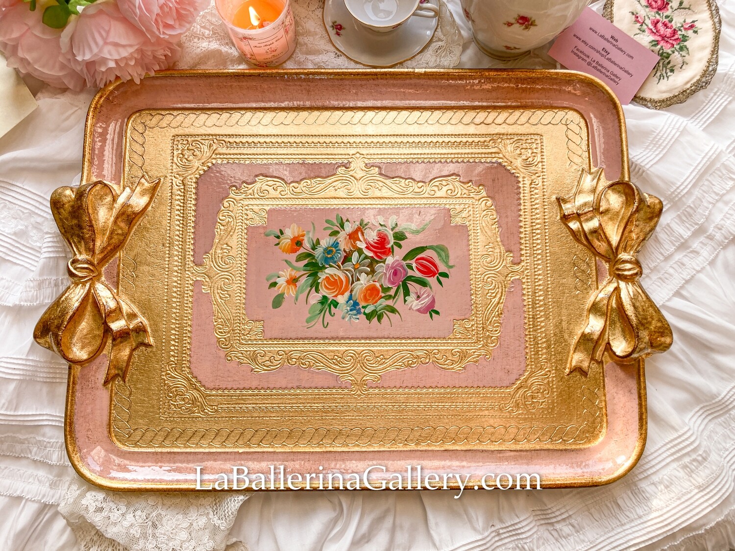 Made to order Florentine tray gold large rose bow ribbon rectangle holder shabby chic baroque rococo wooden decorative tray tea board