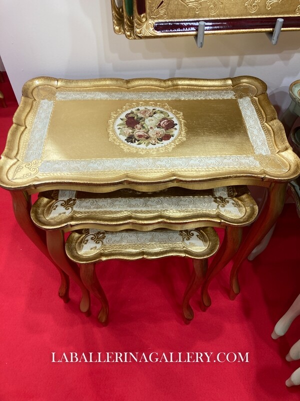 Made to order Italian Florentine wooden 3 tables set rose bouquet